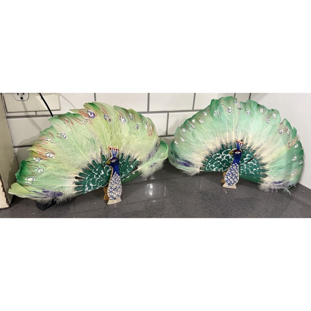 Lot Of 2 Peacock Figurines Figures Feathers Open Close Wood Wooden
